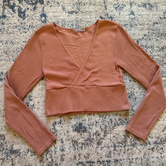 BKE Tops - Red | BKE Mauve Pink Long Sleeve Faux Wrap Top Crop Stretch Ribbed Knit Medium M